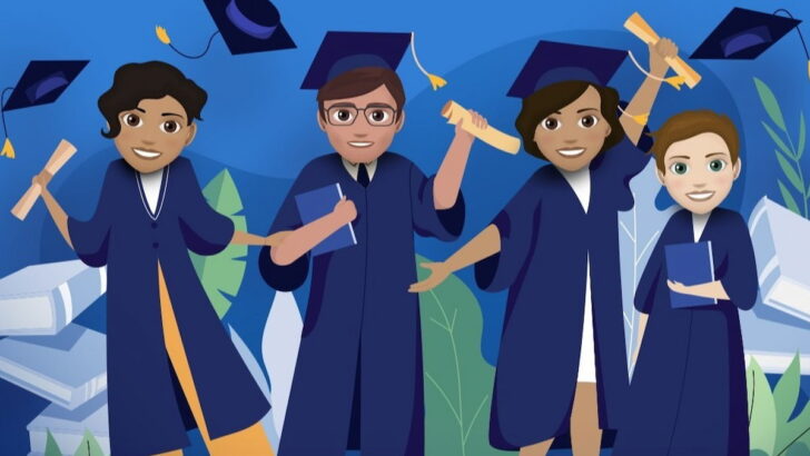 Quatro personagens se formando e possuindo diplomas em bitlife