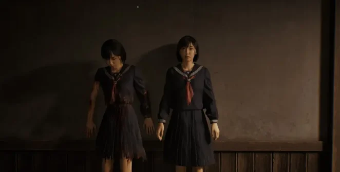 Os dois eus de Hinako encostados em uma parede