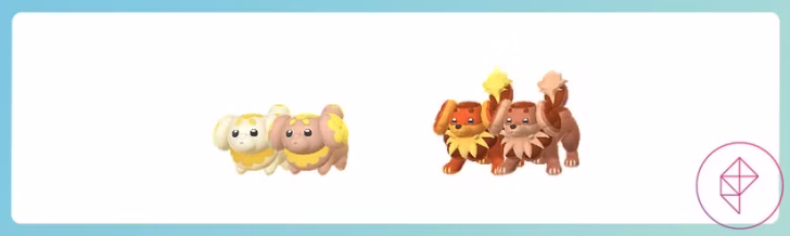 Fidough e Daschbun com suas formas brilhantes em Pokémon Go. Ambos ficam castanhos claros.
