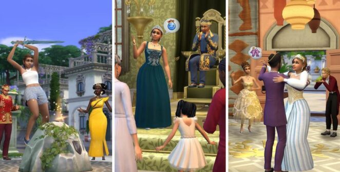 Sim puxando a espada da pedra, sims segurando a corte e sims dançando em sims 4 realeza e legado