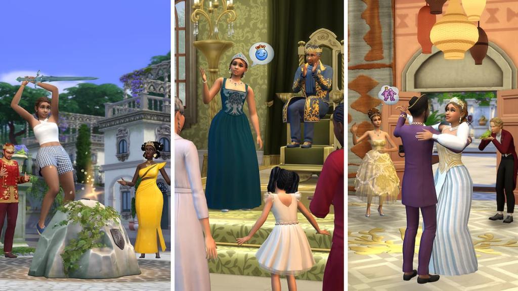 Sim puxando a espada da pedra, sims segurando a corte e sims dançando em sims 4 realeza e legado
