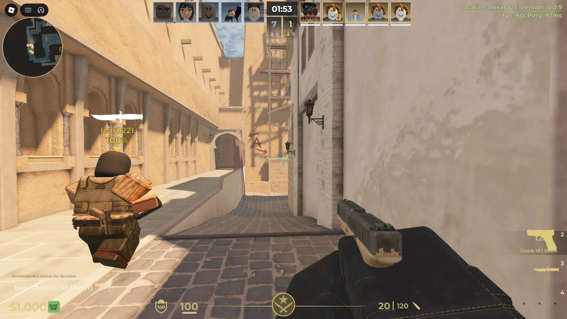 Pré-visualização do BloxStrike com a configuração de sombras globais ativada.
