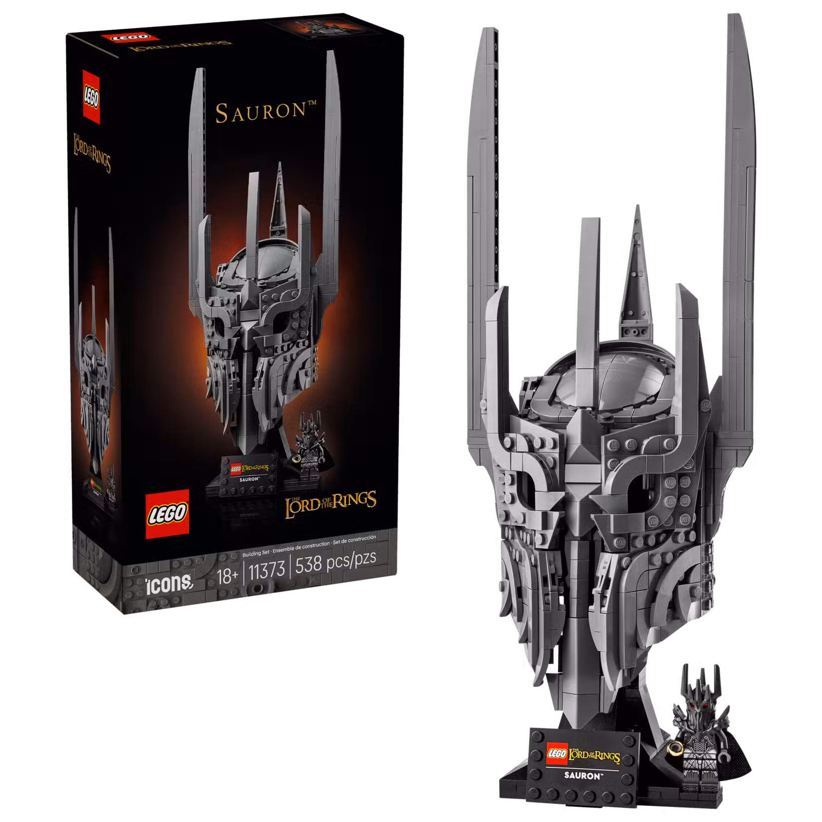 Tiro e caixa do produto do capacete Lego O Senhor dos Anéis Sauron