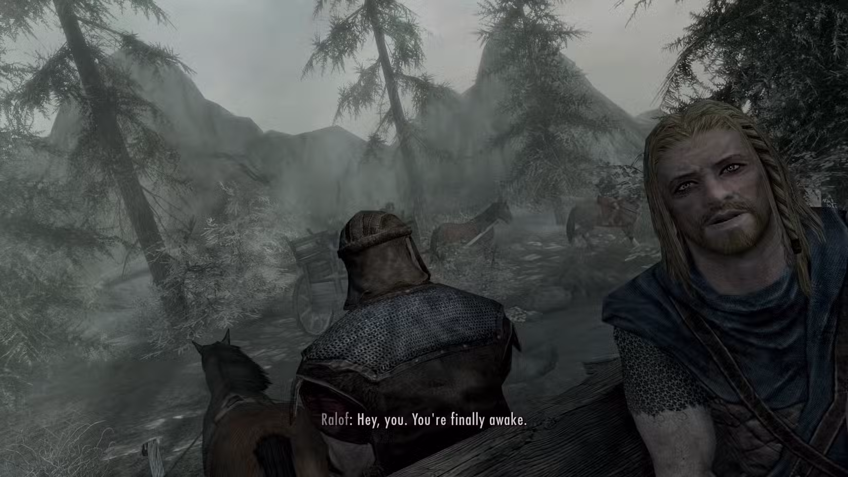 A cena de abertura em The Elder Scrolls 5: Skyrim.