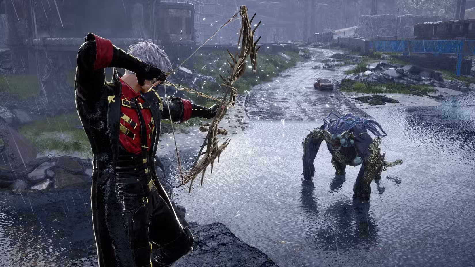 Um personagem aponta um arco e flecha para um monstro em Code Vein 2.