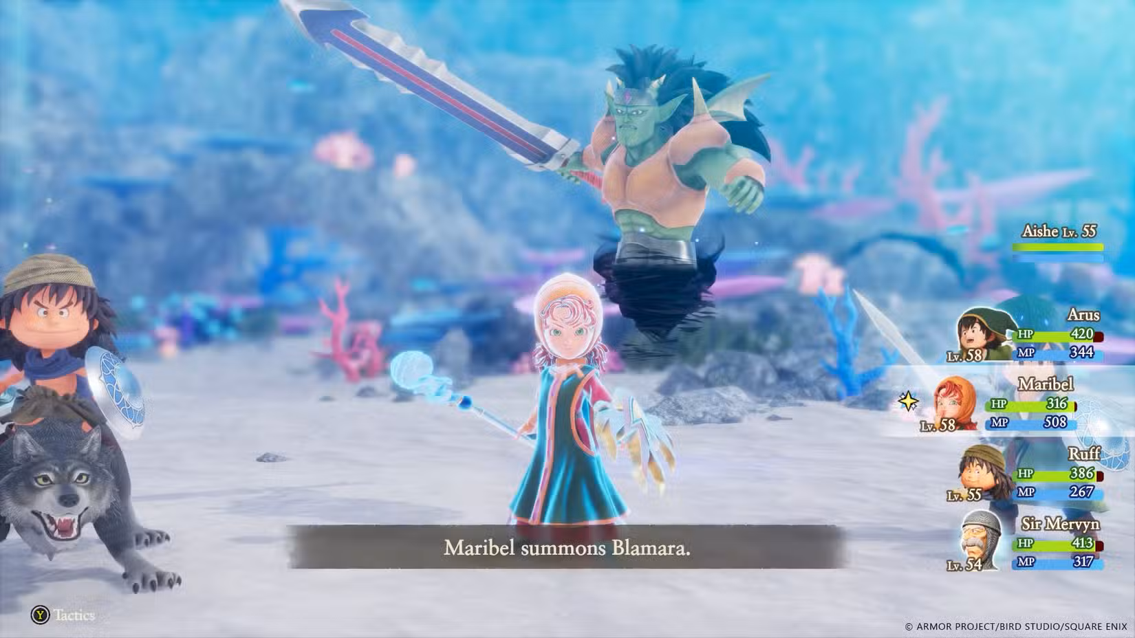 Maribel invoca Blamara em uma captura de tela de Dragon Quest 7 Reimagined