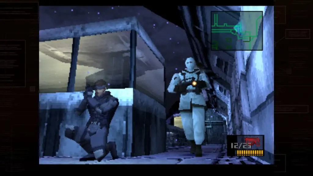 Metal Gear Solid Snake escondido atrás de uma barreira