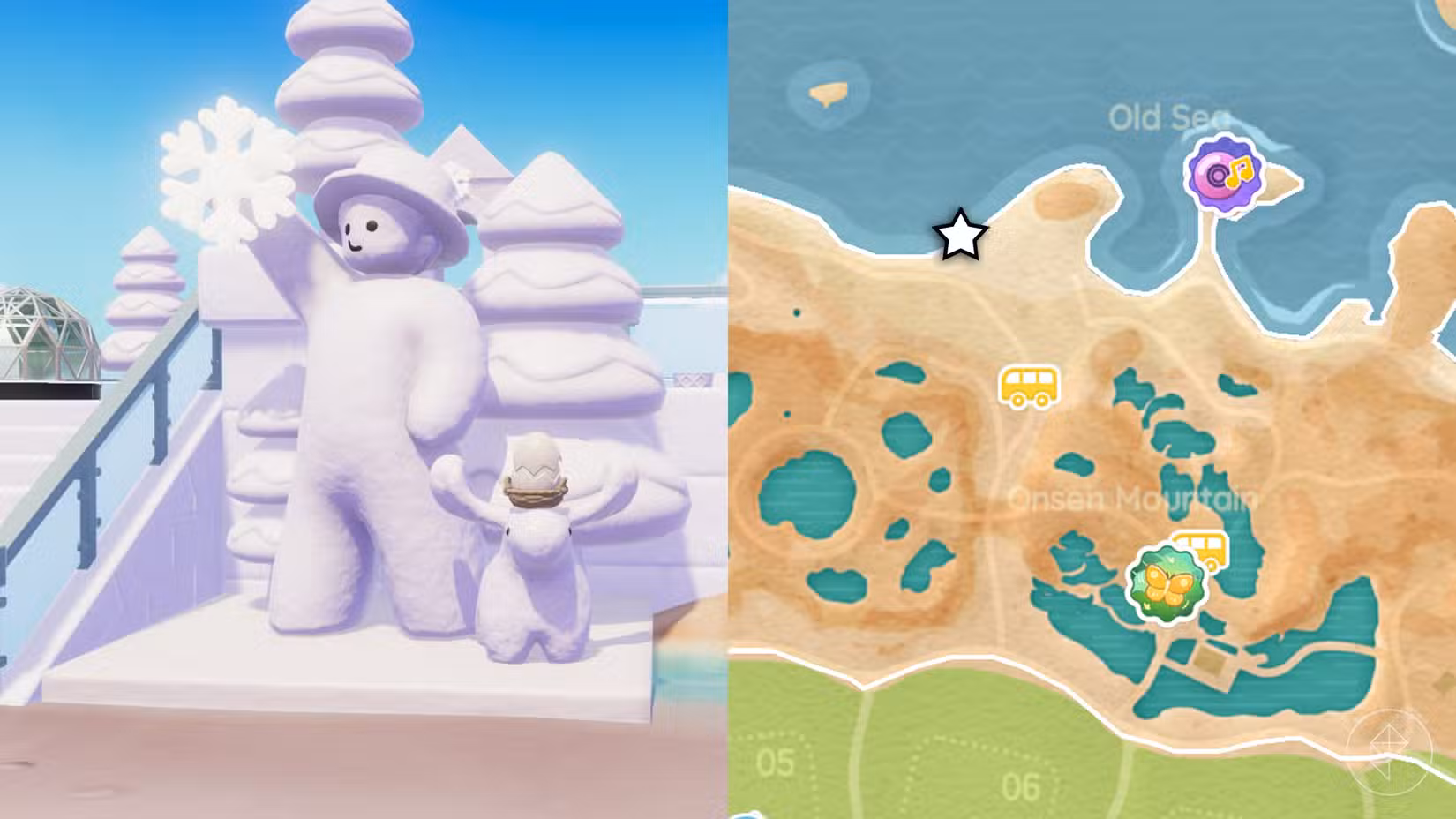 Um ovo branco quebrado no topo da cabeça de um alce da neve em Heartopia
