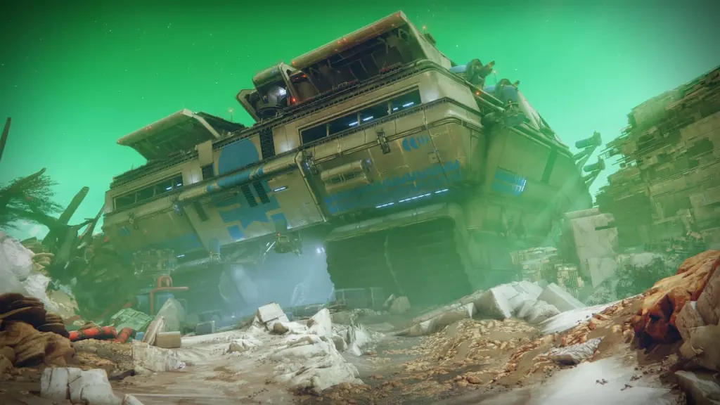 Uma foto de Nessus em Destiny 2, com o colossal tanque terrestre Cabal, o Halphas Electus, à vista. 