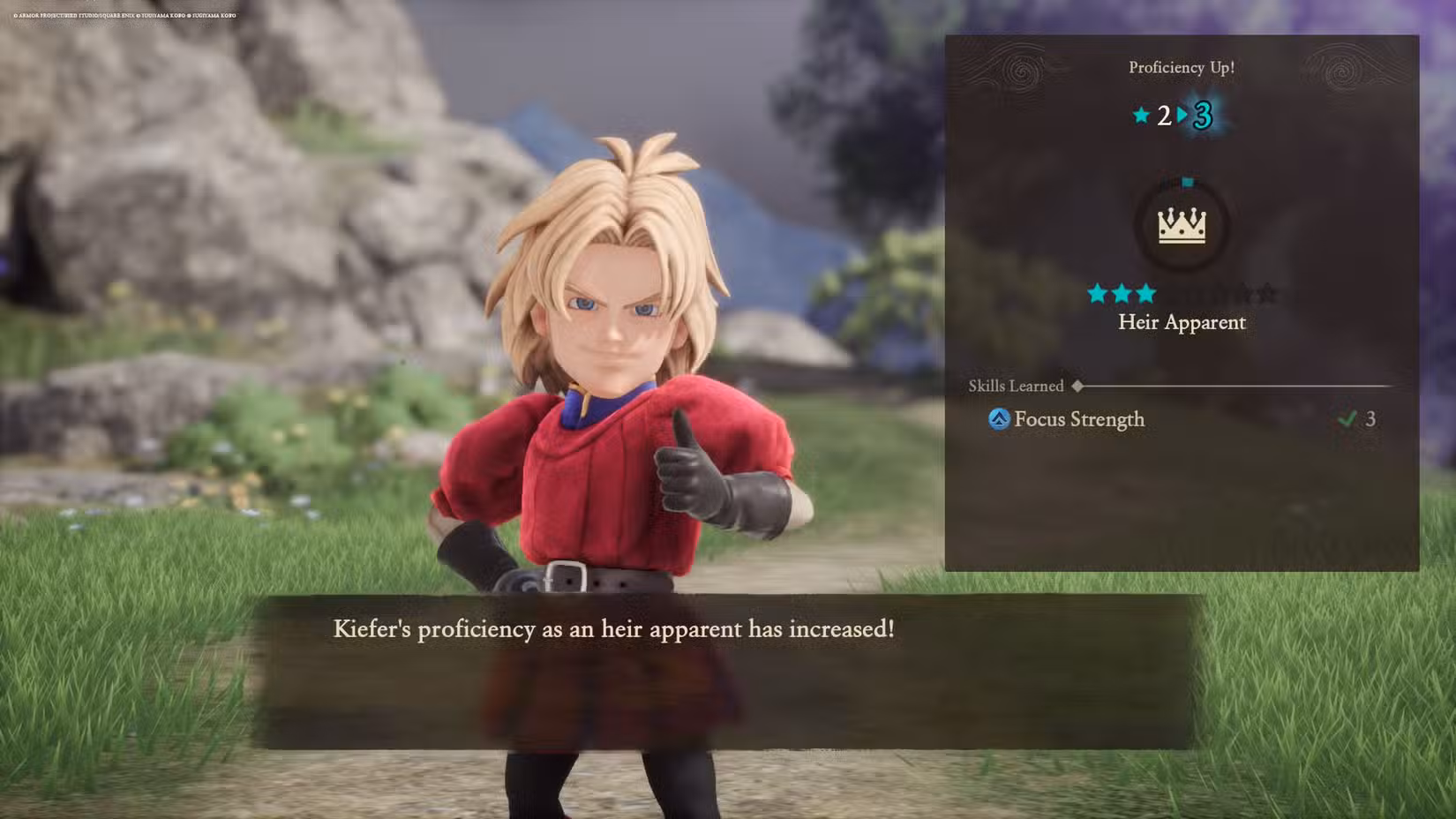Uma captura de tela de Dragon Quest 7 Reimagined mostrando a tela pós-batalha onde indica que um personagem aumentou de nível em sua vocação