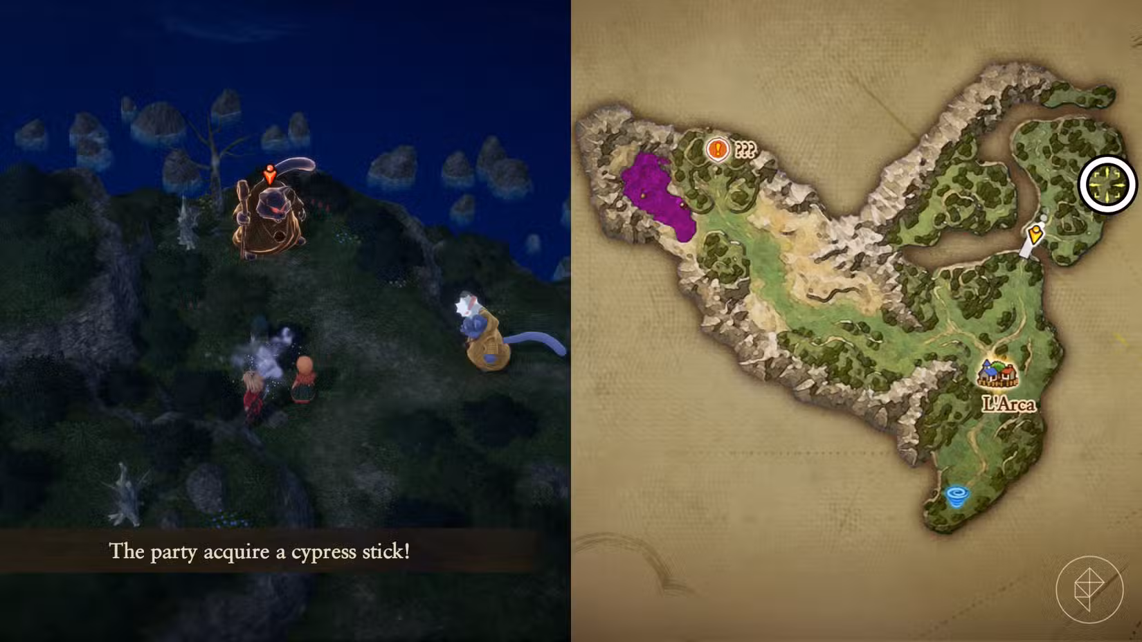 Uma montagem usando duas capturas de tela do Dragon Quest 7 Reimagined mostrando a localização do coração do meowgician