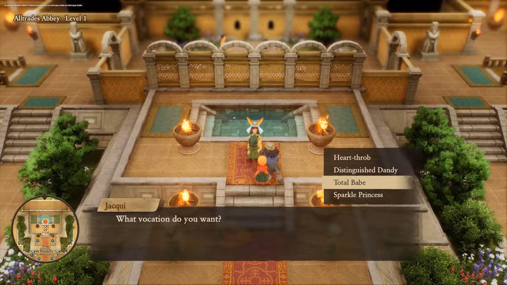 Captura de tela reimaginada de Dragon Quest 7 mostrando Jacqui mudando a vocação do personagem