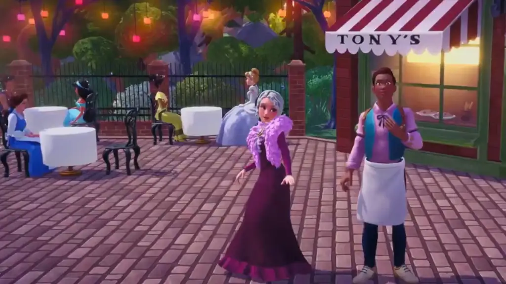 Dois personagens vestindo roupas Star Path em frente ao restaurante Star Path no Disney Dreamlight Valley