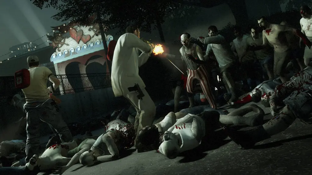Left 4 Dead 2: Nick e Ellis lutando contra uma horda de zumbis em um carnaval.