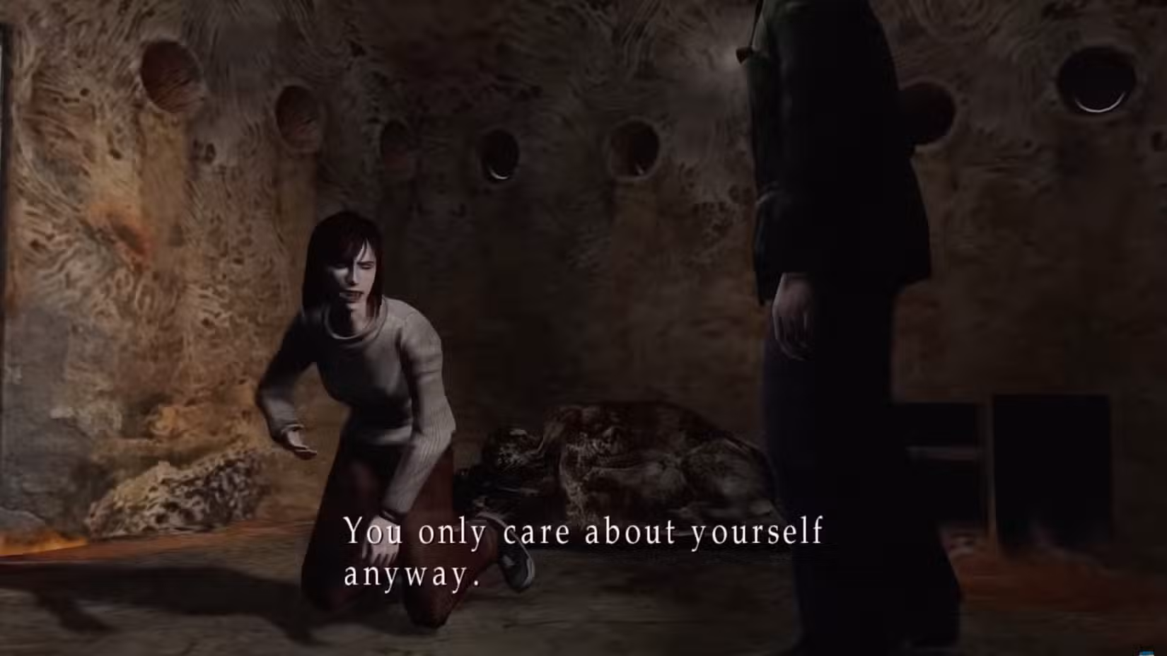 Em Silent Hill 2, Angela se ajoelha no chão, dizendo a James, "Você só se preocupa com você mesmo de qualquer maneira."