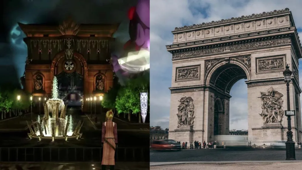 Portão da cidade de Deling em Final Fantasy 8 e o Arco do Triunfo em Paris, sua inspiração original.