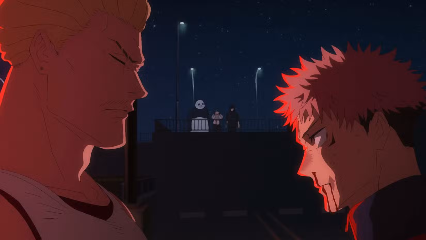 Yuji e Hakari conversam após a briga na 3ª temporada, episódio 6 de Jujutsu Kaisen