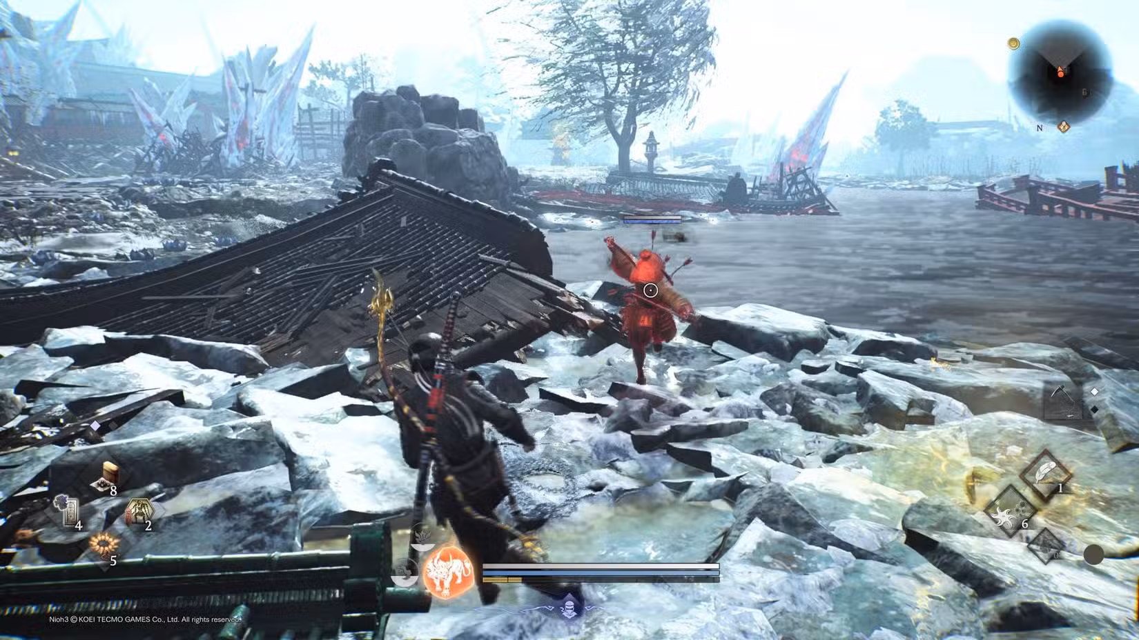 O jogador em Nioh 3 lutando contra um fantasma em terreno gelado.