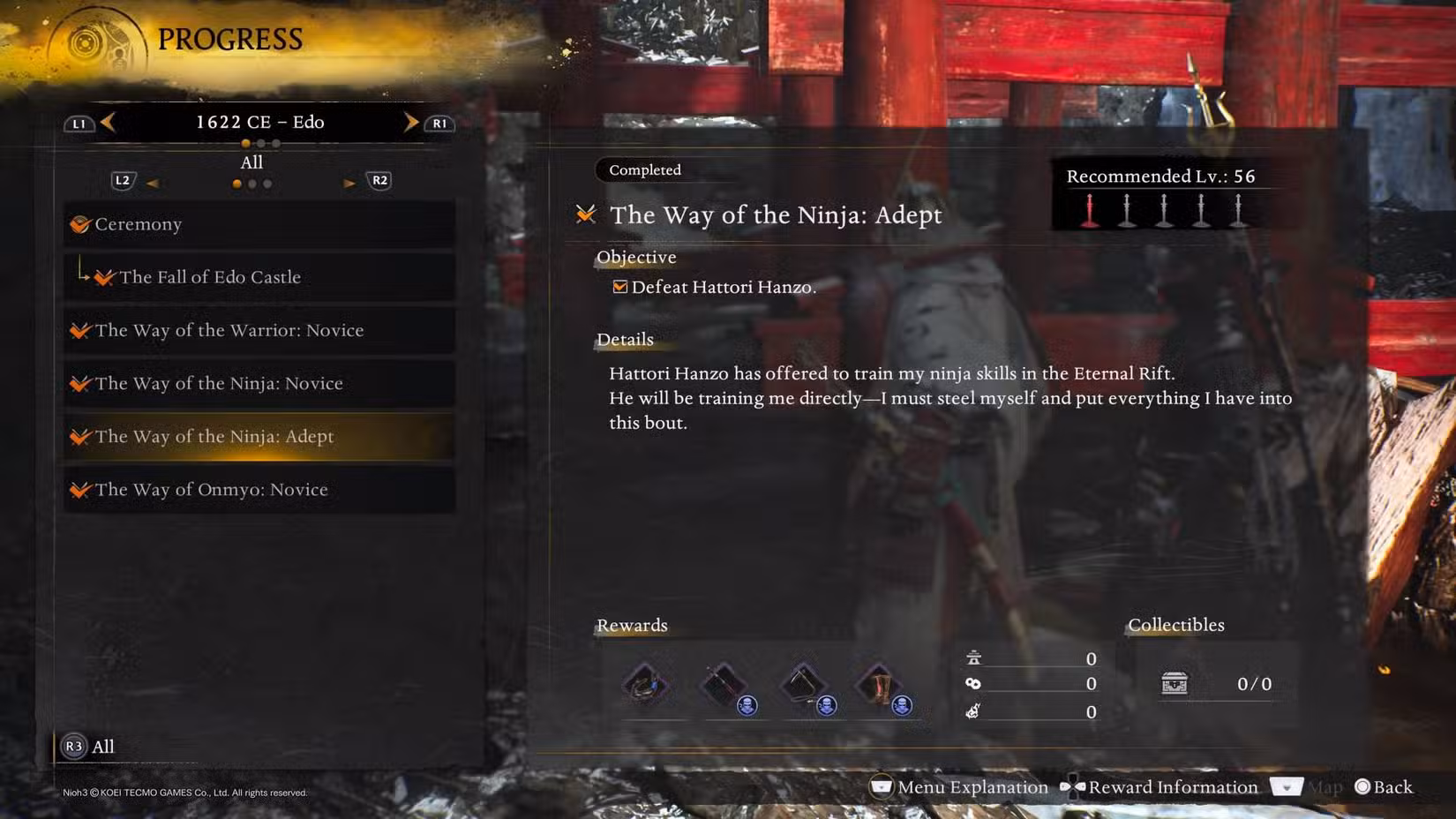 "O Caminho de" missões no menu em Nioh 3.