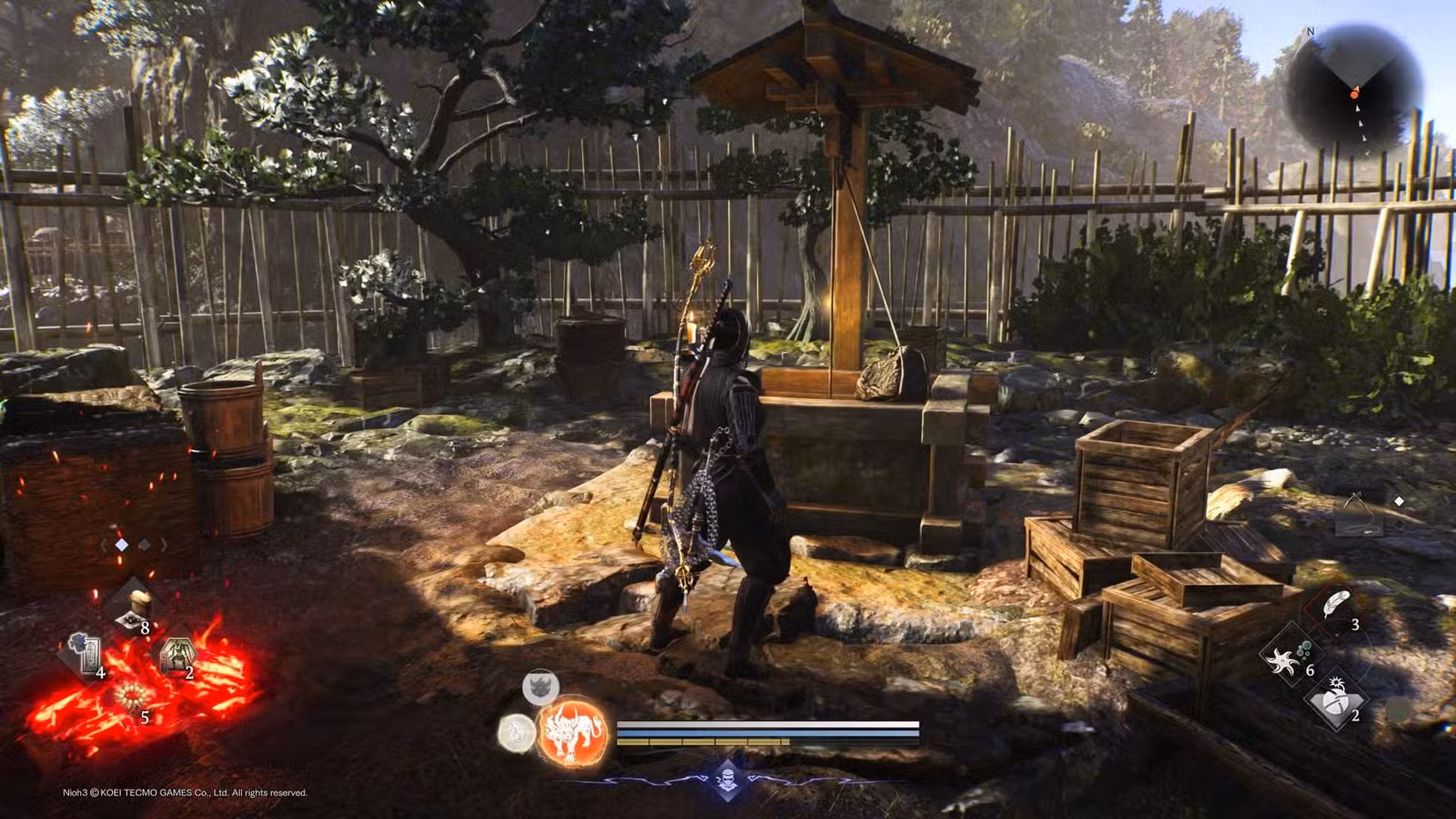 O jogador parado próximo a um poço em Nioh 3.