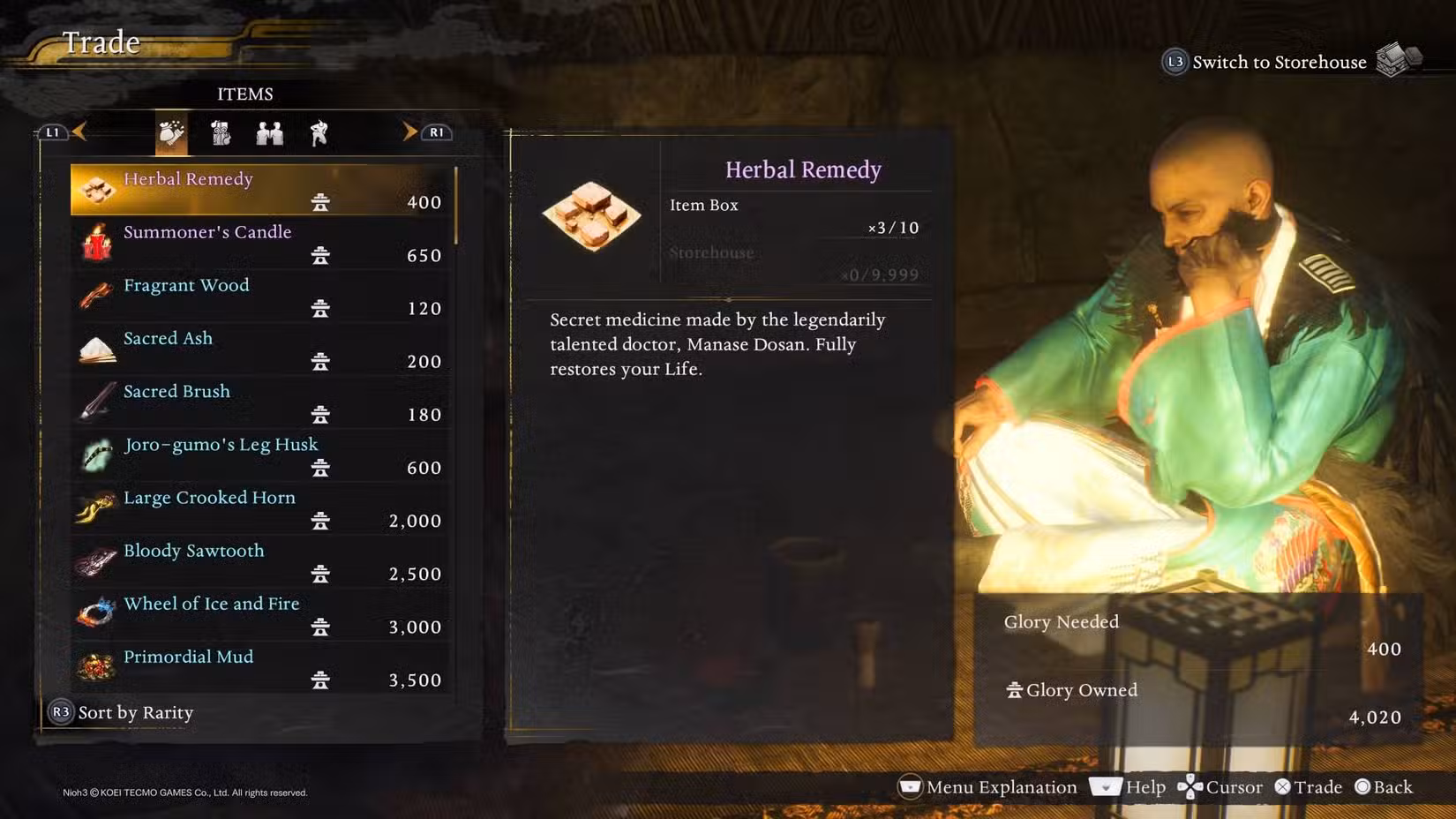 O menu comercial na casa de chá escondida em Nioh 3.