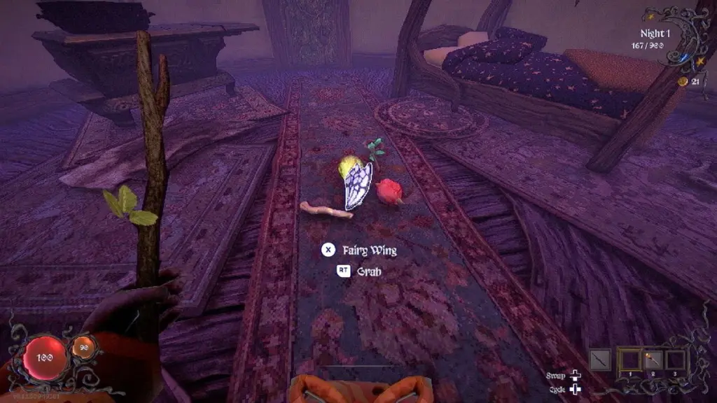 O esconderijo no andar inferior da cabana do mago na base, com uma cama visível nos fundos
