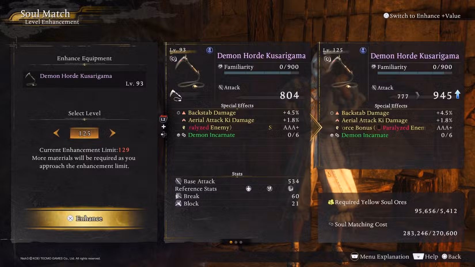 As opções de combinação de alma com um equipamento em Nioh 3.