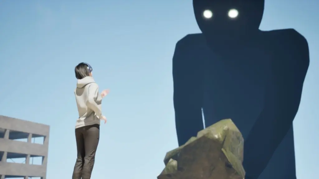 O Umibozu elevando-se sobre uma mulher enquanto coloca a terra para que os humanos possam andar sobre a água