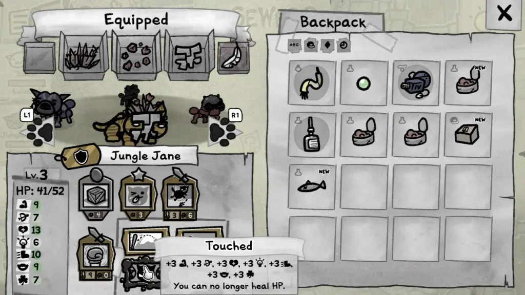 O inventário do personagem e a tela de equipamentos no Mewgenics.