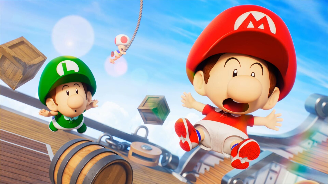 Baby Mario e Baby Luigi pairam no ar com olhares de surpresa em seus rostos.