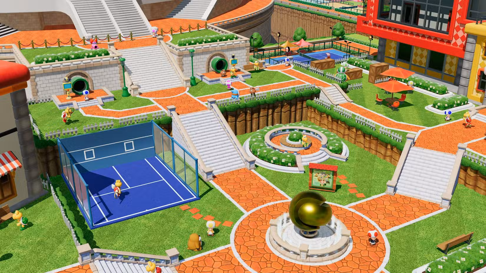 Uma visão das diversas áreas da academia de tênis em Mario Tennis Fever