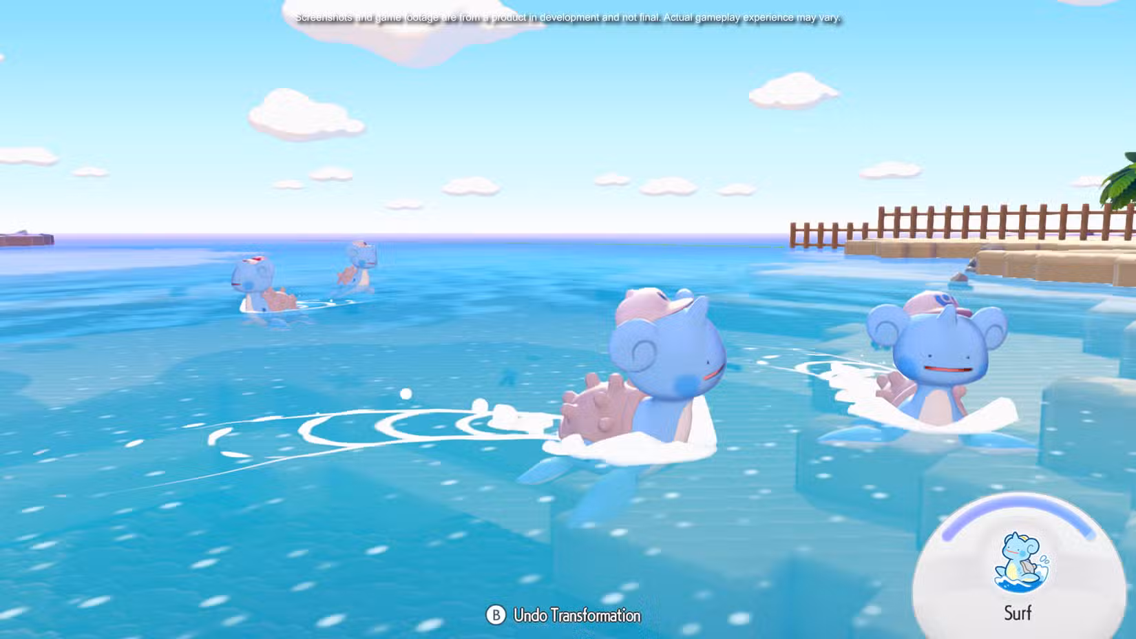Quatro Laprases nadam na água em Pokémon Pokopia.