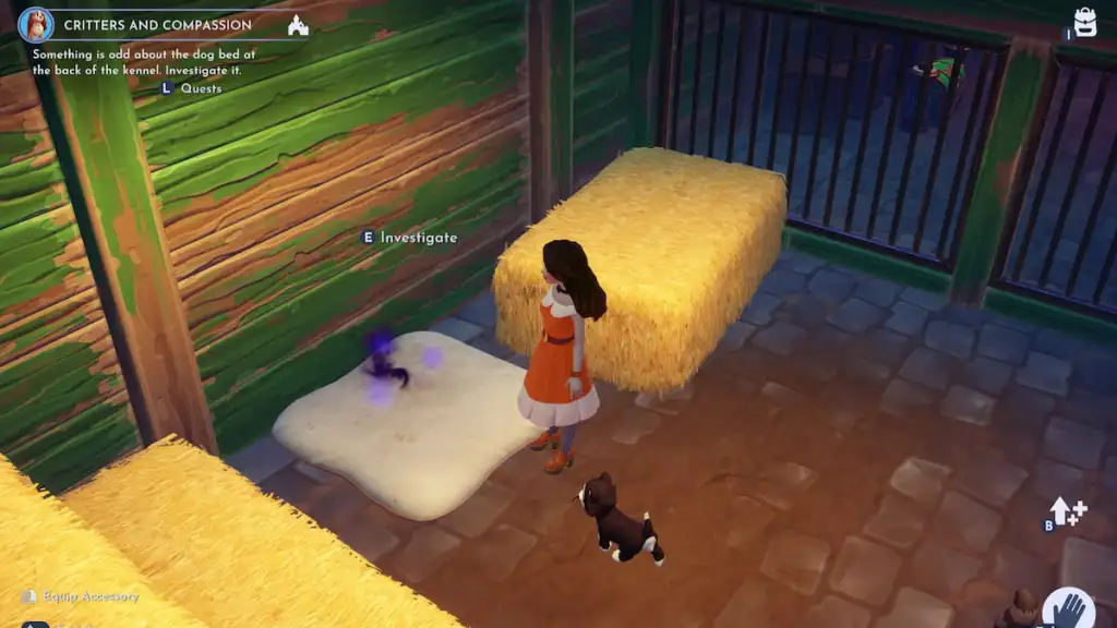 Jogador parado ao lado de uma cama de cachorro estranha no Disney Dreamlight Valley