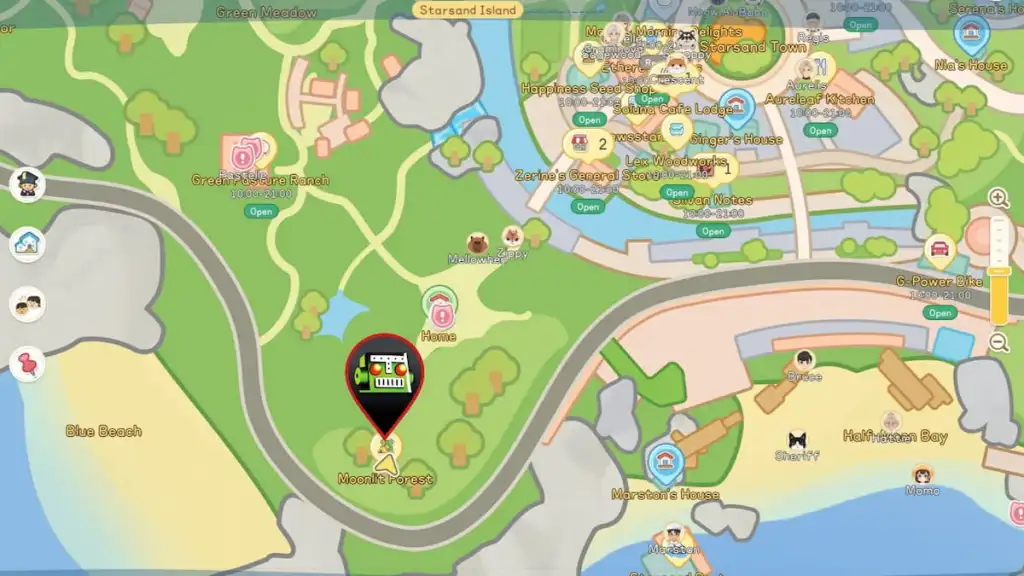 Localização da floresta ao luar marcada no mapa na ilha starsand