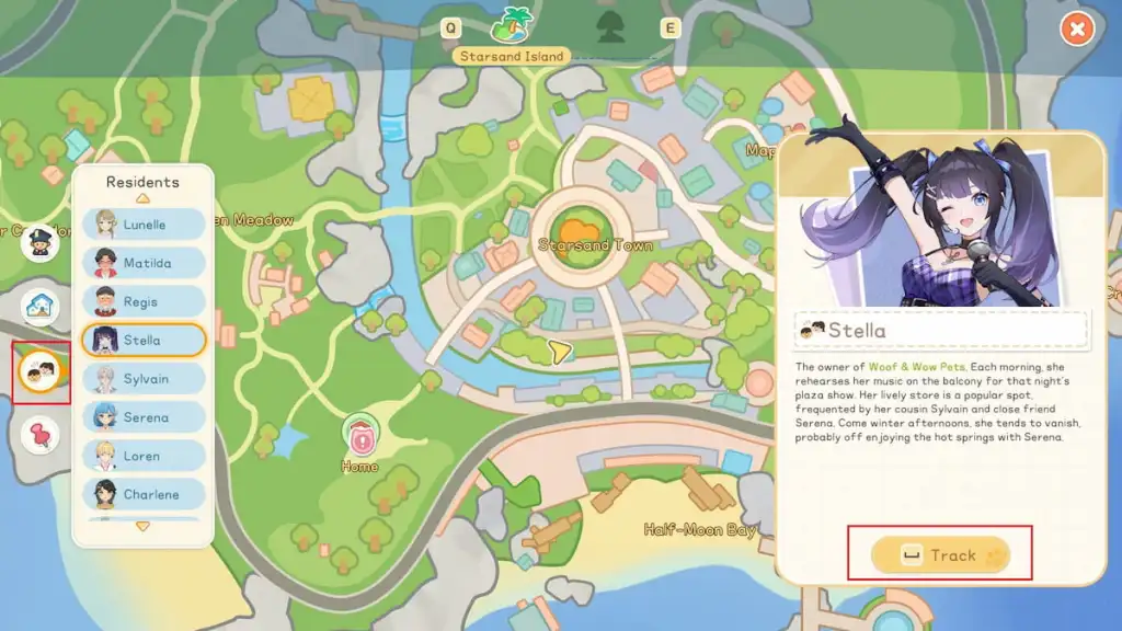 Opção de rastreamento no mapa marcada em starsand island