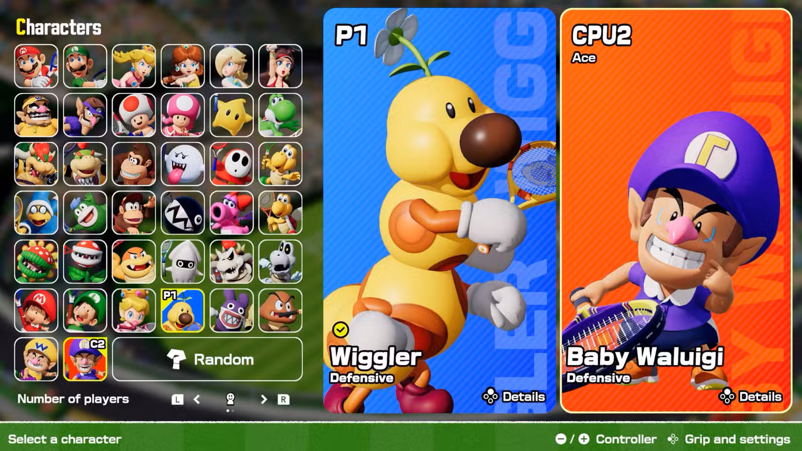 O menu de escalação em Mario Tennis Fever.