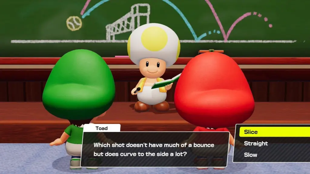 Baby Mario e Baby Luigi enfrentam o Professor Toad enquanto ele pergunta: “Qual tiro não tem muito salto, mas curva muito para o lado?” 