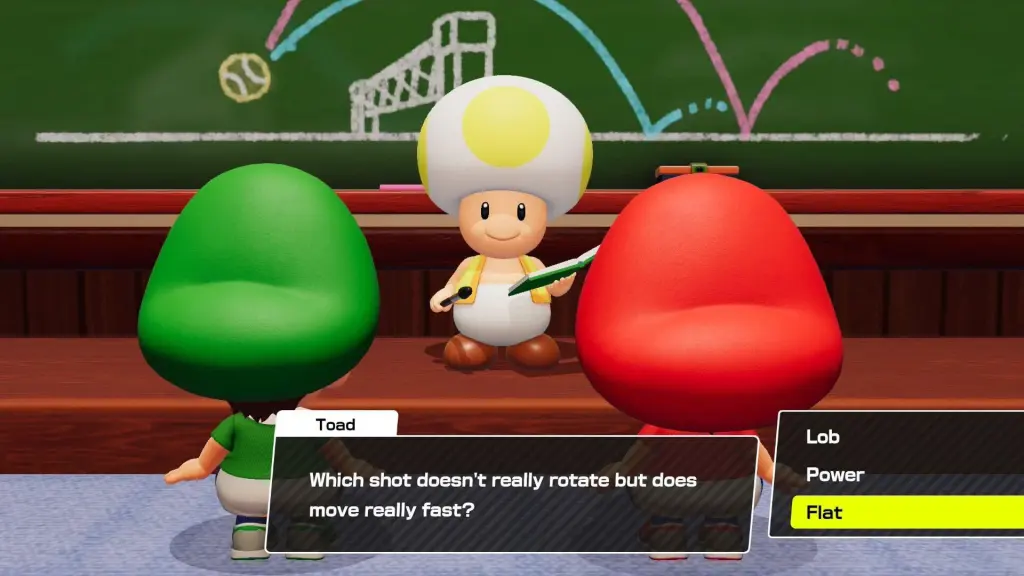 Baby Mario e Baby Luigi enfrentam o Professor Toad enquanto ele pergunta: “Qual tiro realmente não gira, mas se move muito rápido?”