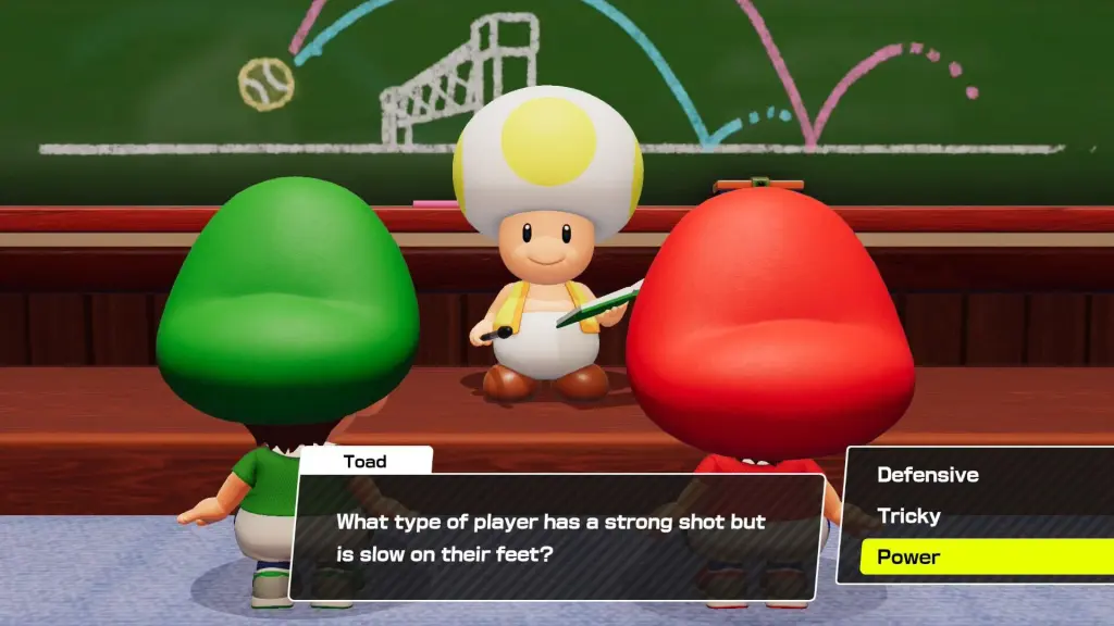 Baby Mario e Luigi olham para um sapo amarelo que lhes faz uma pergunta sobre os tipos de jogadores.