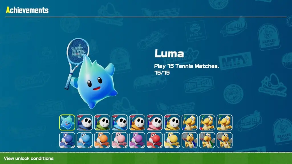 A tela de Conquistas em Mario Tennis Fever mostrando todas as variações de cores desbloqueáveis para Luma, Shy Guy, Yoshi, Koopa Troopa e Koopa Paratroopa.