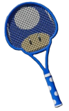Uma raquete de tênis azul com um cogumelo Toad do Mario nas cordas.