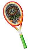 Uma raquete modelada a partir de uma flor de fogo vermelha e verde em Mario Tennis Fever