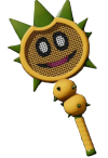 A Spiky Racket da febre de Mario Tennis, uma raquete amarela e verde com bolas pontiagudas no cabo.
