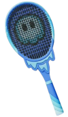 Uma raquete azul de Mario Tennis Fever com uma criatura azul gelada nas cordas