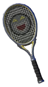 Uma raquete prateada e amarela de Mario Tennis Fever com uma criatura metálica sorridente