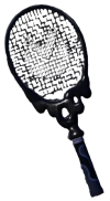 Uma raquete de tênis preta pingando tinta. Esta é a Raquete Inky de Mario Tennis Fever.