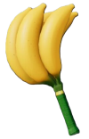 Um cacho de bananas de cabeça para baixo presas ao cabo de uma raquete de tênis verde.