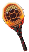 Uma raquete de tênis feita de lava derretida e pedras com um desenho de casco de tartaruga pontiagudo nas cordas.