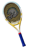 Uma raquete de tênis amarela e azul com desenho de capacete de futebol nas cordas.