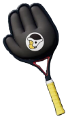 Uma raquete de tênis de Mario Tennis Fever, a Shove Racket. Parece uma luva preta com cabo de tênis.